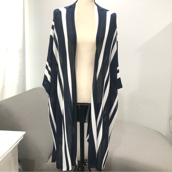 JEAN PASCALE Striped waterfall Navy Cardigan Poncho open Front Sweater (R) - Picture 4 of 8